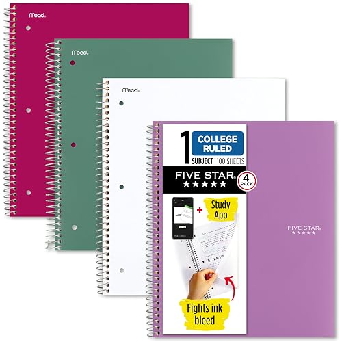 Five Star Spiral Notebook + Study App, 100 Sheets, 1 Subject, College Ruled Paper, Fights Ink Bleed, Water Resistant Cover, 820337-ECM, Purple, Pink, White & Green, 8-1/2" x 11", 4 Pack