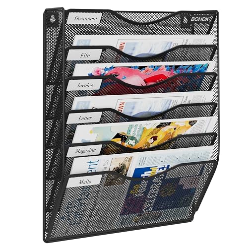 BOHDK Wall File Organizer, 6 Tier Hanging File Folder Mail Organizer, Vertical Mesh Metal Wall Mount Hanging File Holder, Paper Document Magazine Rack for Home Office Black