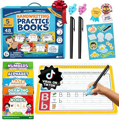 Grooved Writing Books for Kids 3-5 - Magic Grooved Writing Practice | Reusable Handwriting Kindergarten Workbooks with Disappearing Magic Ink Pens - Educational Toys for 3 Year Old Boys & Girls