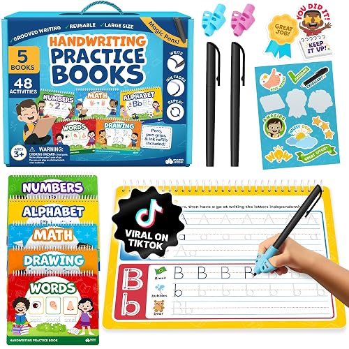 Magic Grooved Writing Practice Books for Kids 3-7 | Reusable Handwriting Practice Workbooks with Disappearing Magic Ink Pens for Preschool Learning