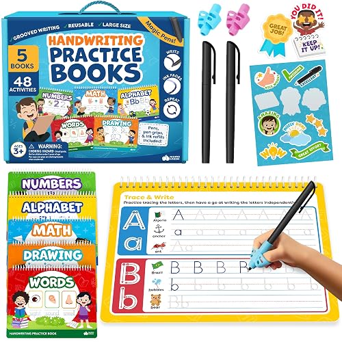 Magic Grooved Writing Practice for Kids - Dry Erasable Pens Writing Books 3-5 4-6 5-7 Kindergarten Workbooks Handwriting Practice for Kids 5-7 - Preschool Workbook, Magic Book | Reusable Handwriting Copybook Set with Disappearing Magic Ink Pens for Preschool Learning