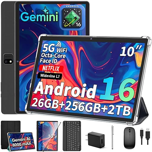 2026 Android 16 Tablet with Keyboard - 10 Inch Tablet with Gemini AI(Black) | 26GB+256GB+2TB Expand, AI Electronic Tablet PC with 8-Core, WiFi, 8000mAh, GMS, GPS, 2 in 1 Tablet with Mouse, Case, Stylus