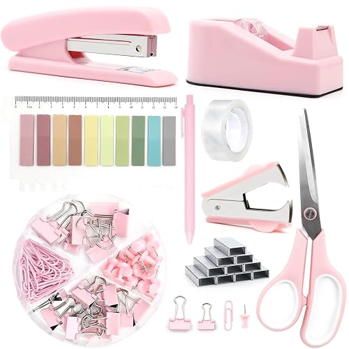 Office Supplies,Pink Desk Accessories, Stapler and Tape Dispenser Set for Women with Stapler,Tape Dispenser,Staple Remover,Staples,Clips,Scissors and Tabs,Gift for Students,Coworkers,Teacher,Business