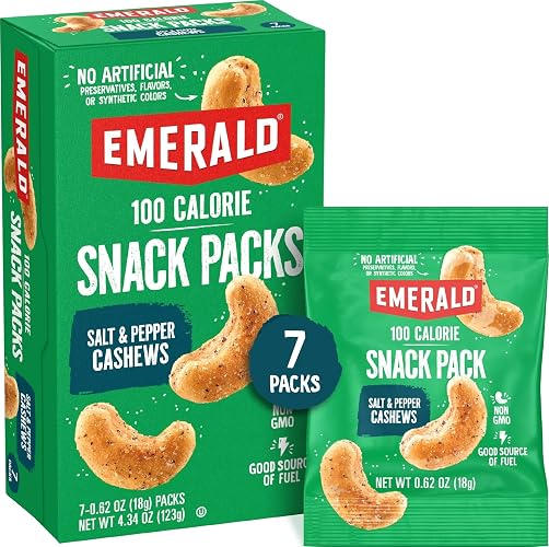 Emerald Salt & Pepper Cashews, 100-Calorie Snack Packs, 7 Count | Non GMO, No Artificial Preservatives, Flavors, Synthetic Colors, Plant Based Protein, Travel Friendly Healthy Snack