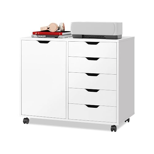 DEVAISE 5-Drawer Wood Drawer Cabinet, Office Storage Cabinet, White | Craft Storage Cabinet, Under Desk Drawer, Rolling Cart Furniture, Adjustable Shelf & Wheels, Printer Stand, Home Office