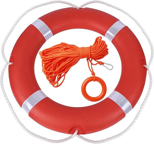 Life Ring Buoy Boat Safety Throw Ring with Water Floating Lifesaving Rope 98.4FT Set, Outdoor Professional Marine Grade Throwable Flotation Device for Boat Dock Pool Lake Rescue