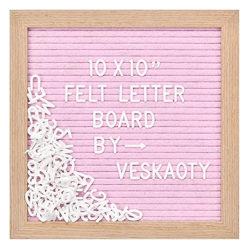 Veskaoty Felt Letter Board with 294 Letters, 10 x 10 Inch, Pink & Wood | Changeable Message Board, Wooden Frame, Wall Mount, Numbers, Symbols, Classroom Decor, Office Supplies, Custom Sign