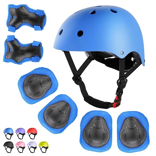 WayEee Kids Bike Helmet Set Knee Pads Adjustable Protective Gear, 3-14 Age | 7pcs skateboard set with knee pads elbow pads wrist guards double size sport cycling bike roller skating scooter boys girls