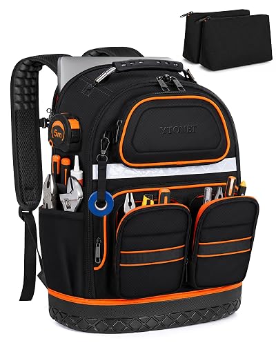 Ytonet Tool Backpack, Heavy Duty Tool Bags for Men, Electrician, HVAC,Black | Ergonomic Padded Straps, Hard Bottom, 20+ Compartment, 15.6" Laptop Compartment, 1680D Tool Bag Organizer with 2 Tool Pouches