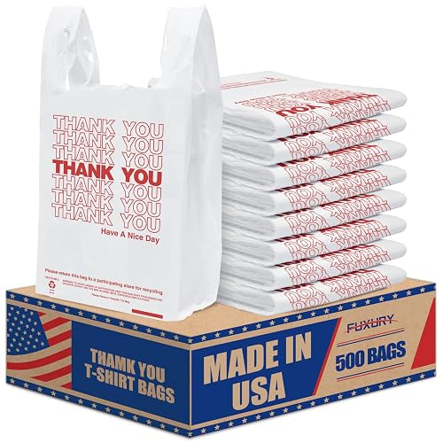Fuxury 500 Count Thank You Plastic Grocery Shopping T-shirt Bags | White 11.5" x 6.5" x 21" Take Out, To Go, Restaurants, Convenience Store,Retail Bags with Handles in Bulk for Small Business