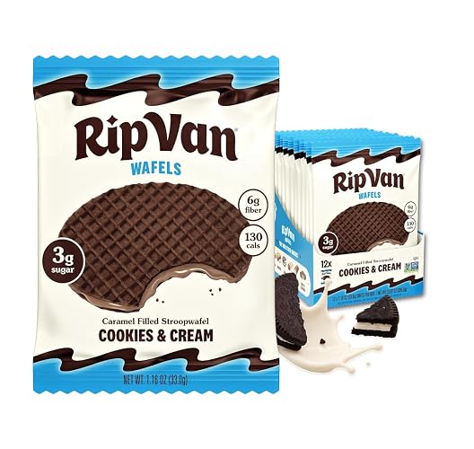 Rip Van Wafels Cookies & Cream Stroopwafels - Healthy Snacks - Non GMO Snack - Keto Friendly - Office Snacks - Low Sugar (3g) - Low Calorie Snack - 12 Count