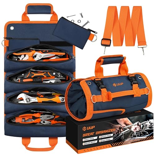 Tool Roll Bag Heavy Duty Tool Bag Gifts for Men Dad Mechanic, Blue Orange | Waterproof Roll up Tool Bag, Portable Foldable Tool Bag with 2 Detachable Pouches & Multiple Pockets, Mechanic Welding Gifts