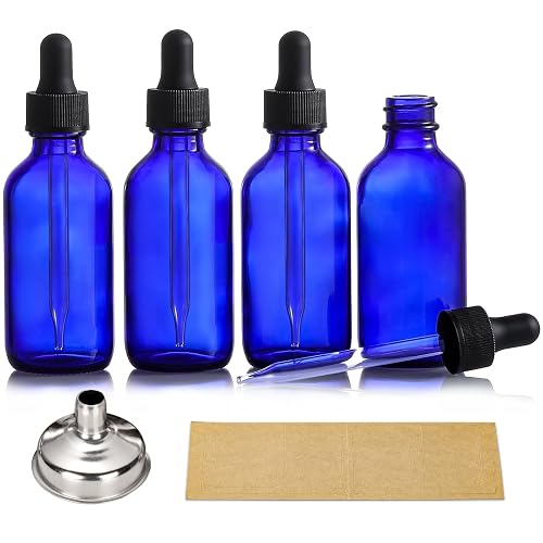 AOZITA 4 Pack, 2 oz Dropper Bottles with 1 Funnel & 4 Labels - 60ml Thick Dark Blue Glass Tincture Bottles with Eye Droppers - Leakproof Essential Oils Bottle for Health, Personal Care & Beauty